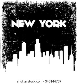 New York city skyline silhouette on grunge background. Vector hand drawn illustration. Design retro card, print, t-shirt, postcard