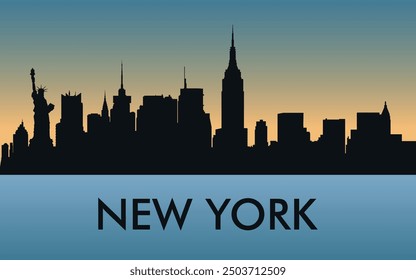 New York. The city skyline. Silhouettes of buildings. The sunset of the day. Vector on a blue background