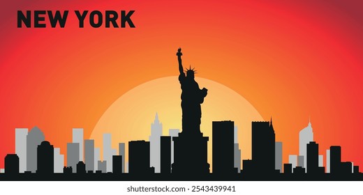 New York city skyline with silhouettes of buildings against the backdrop of a large yellow sun and orange sky. Vector on the background of sunset