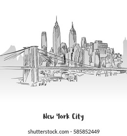 New York City Skyline Sketch, Hand-drawn Vector Outline Artwork