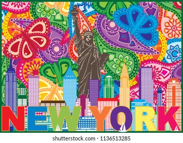 New York City Skyline with Statue of Liberty sun rays and text Paisley Pattern Color Outline vector Illustration