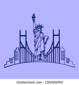 New York city skyline with Statue of Liberty, in purple tone. Hand drawn picture. Abstract illustation. USA poster. Vector