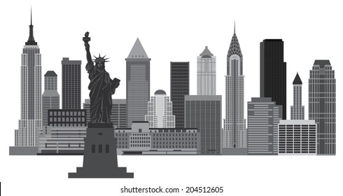 New York City Skyline with Statue of Liberty Black and White Vector Illustration