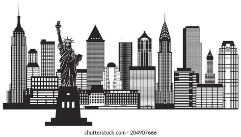 New York City Skyline with Statue of Liberty Black and White Outline Illustration Vector