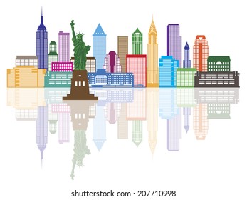 New York City Skyline with Statue of Liberty Color with Reflection Vector Illustration