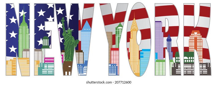 New York City Skyline and Statue Liberty   American Flag Text Outline in Color Vector Illustration