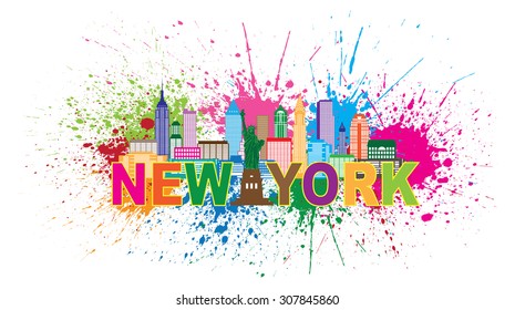 New York City Skyline with Statue of Liberty Abstract Paint Splatter Colorful Text Vector Illustration