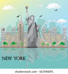 New York city skyline with The Statue of Liberty and The Empire State Building. Flat style vector illustration.