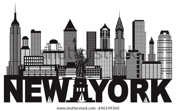 ニューヨーク市立スカイラインと自由の女神とテキスト白黒の輪郭ベクターイラスト のベクター画像素材 ロイヤリティフリー