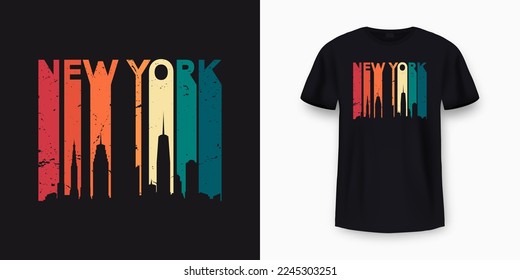 New York City skyline t-shirt design. Vintage t-shirt print and apparel design with stylish text. New York skyline silhouette for retro tee print design. Vector