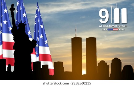 New York City Skyline with Twin Towers. World Trade Center. 09.11.2001 American Patriot Day banner. EPS10 vector
