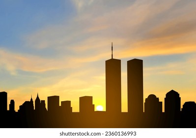 New York City Skyline with Twin Towers. World Trade Center. 09.11.2001 American Patriot Day banner. EPS10 vector