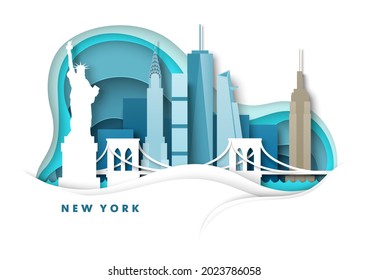 New York City skyline, USA, vector illustration in paper art style. NYC, Statue of Liberty, Bridge, world famous landmarks and tourist attractions. Global travel.