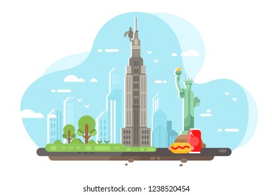 New York city skyline vector illustration. Famous monument Statue of Liberty green park landscape of buildings and traditional dishes and drinks such as hot dog and cola flat style concept