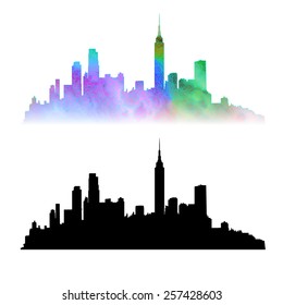 New York city skyline, vector silhouettes: black and colored.