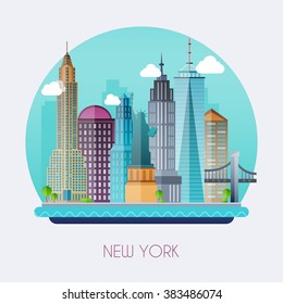 New York City. Skyline and vector landscape of buildings and the Statue of Liberty. Vector illustration. svg