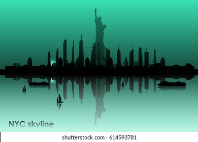 New York city skyline vector silhouette. Manhattan island. Statue of Liberty illustration.
