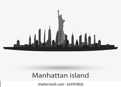 New York city skyline vector silhouette. Manhattan island. Statue of Liberty illustration.