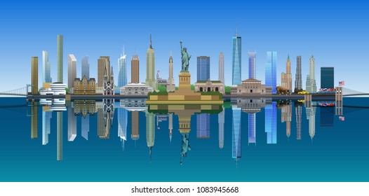 New York City skyline, with water reflection, vector illustration