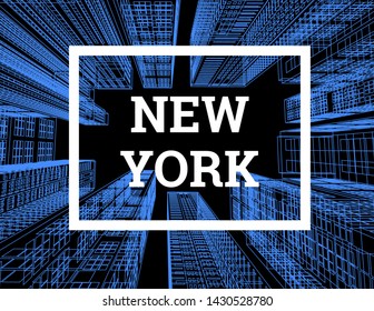 New York is a city of skyscrapers. Vector illustration in the drawing style on a white background. View of the skyscrapers below