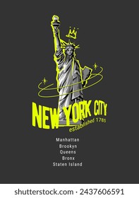 New York City Slogan mit schwarz-weiß Liberty Statue Grafik Handgezeichnete Vektor-Illustration auf schwarzem Hintergrund