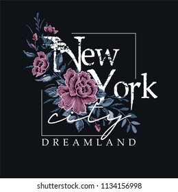 New York City slogan graphic with colorful floral embroidery