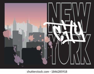 New york city slogan illustration with towers silhouette and graffiti splash - Graphic text print for man tee / t shirt