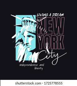 New York City slogan with liberty statue graphic illustration on black background