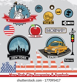 New York city souvenirs and symbols. Vector set of stickers and icons