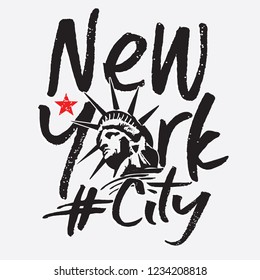 New Yorker Stadtstatue mit Freiheitstypografie, T-Shirt-Grafiken, Vektorgrafiken