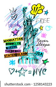 New York city statue of liberty, freedom, poster, t shirt, sketch style lettering, trendy graphic dry brush stroke, marker, color pen, ink America usa, NYC, NY. Doodle hand drawn vector illustration