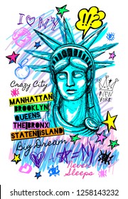 New York city statue of liberty, freedom, poster, t shirt, sketch style lettering, trendy graphic dry brush stroke, marker, color pen, ink America usa, NYC, NY. Doodle hand drawn vector illustration