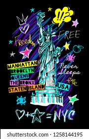 New York city statue of liberty, freedom, poster, t shirt, sketch style lettering, trendy graphic dry brush stroke, marker, color pen, ink America usa, NYC, NY. Doodle hand drawn vector illustration