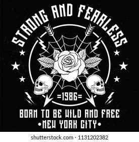 New York City strong and fearless slogan fashion patch, rose with leaves, fashion patches, badges  typography, t-shirt graphics, vectors