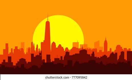 
New York City Sunset Is A Vector Illustration With Skyline And Bright Sun Set.