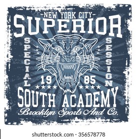 New York City  Superior Tiger  Sport , South Academy, Brooklyn Sport vector print and varsity. For t-shirt or other uses in vector.T shirt graphic