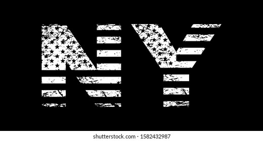 New York City symbol with USA flag, NY grunge letters, white isolated on black background, vector illustration.
