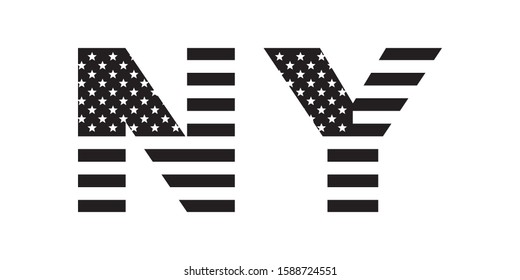 New York City symbol with USA flag, NY letters, black isolated on white background, vector illustration.