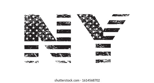 New York City symbol with USA flag, NY grunge letters, black isolated on white background, vector illustration.