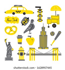 New York city symbols. Vector set with hand drawn elements isolated on white