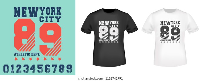 New York city t shirt print stamp. Textured design for printing products, badge, applique, t-shirt stamp, clothing label, jeans and casual wear. Vector illustration.