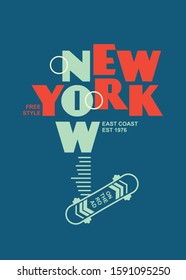 New York city tee shirt design concept for urban apparel. T shirt illustration with skateboard,  typography and geometric elements. Vector road street urban fashion style.