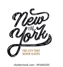 New york. The city that never sleeps. NY logo ion black. NYC label or logotype. Golden glitter badge calligraphy.