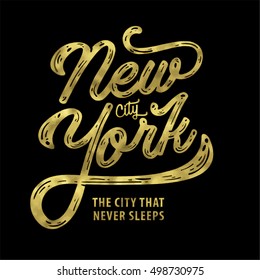 New york. The city that never sleeps. NY logo ion black. NYC label or logotype. Golden badge calligraphy.