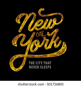 New york. The city that never sleeps. NY logo ion black. NYC label or logotype. Golden badge calligraphy.