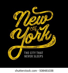 New york. The city that never sleeps. NY logo ion black. NYC label or logotype. Golden badge calligraphy.