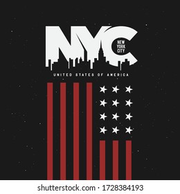 New York city theme t-shirt graphics. Modern typography lettering design elements for prints, posters, apparel design. Stylized american flag icon. Vector vintage illustration.