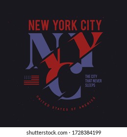 New York city theme t-shirt graphics. Modern typography lettering design elements for prints, posters, apparel design. Stylized american flag icon. Vector vintage illustration.