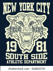 New York City Tiger, South side, athletic department vector print and varsity. For t-shirt or other uses in vector.T shirt graphic