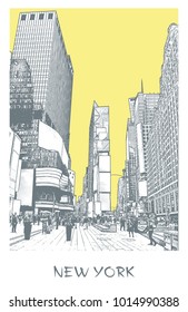 Nueva York, Times Square. Imagen vectorial de una calle en el centro de la ciudad con estilo de grabado. Dibujo monocromo del paisaje urbano de lugar famoso.